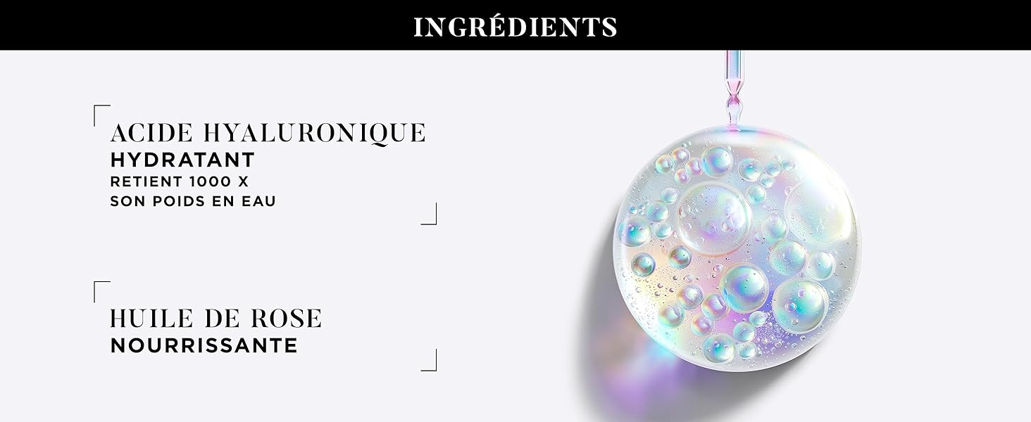 Le texte indique « INGRÉDIENTS », « ACIDE HYALURONIQUE » et « HUILE DE ROSE ». Présentoir d'ingrédients de produits de beauté avec des éléments irisés en forme de bulles ou de perles.