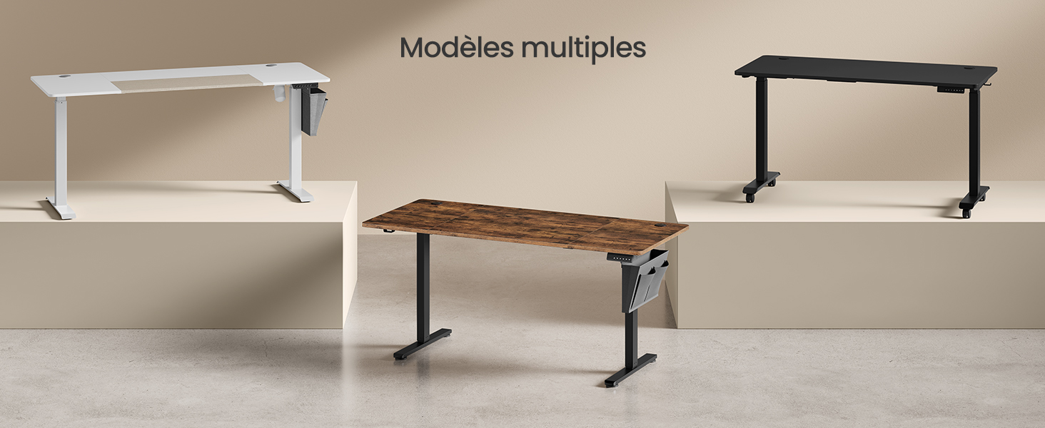Collection de tables ou de bureaux à hauteur réglable présentée dans différentes configurations, avec des plateaux en bois clair et foncé avec des cadres en métal noir