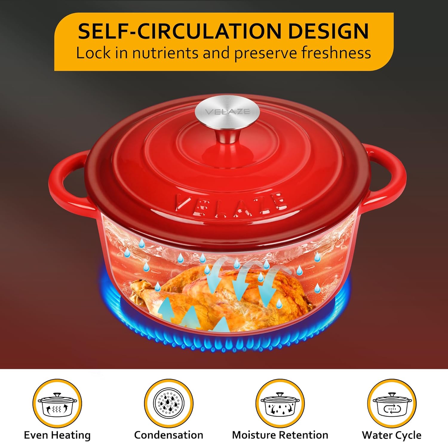 Velaze - Cocotte en fonte émaillée 20cm - 2L, induction, antiadhésif