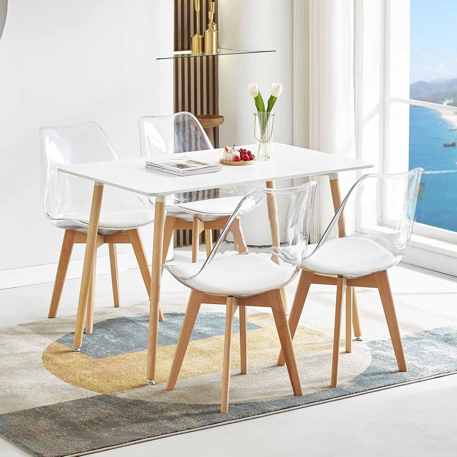 EGGREE - chaises scandinaves lot 8 - bois hêtre - coussin cuir blanc, dossier transparent, testées SGS