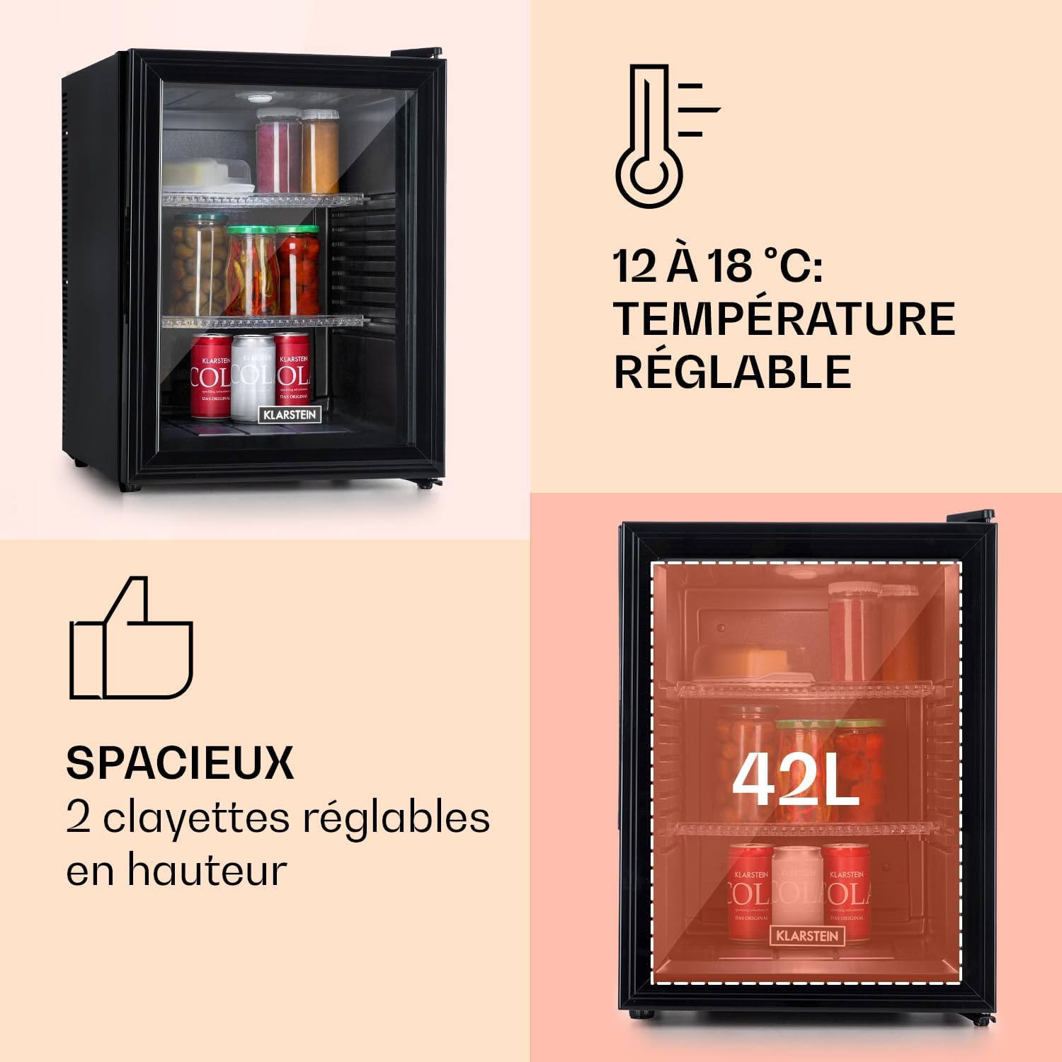 Klarstein – Mini Frigo 42L – compact, silencieux, étagères réglables