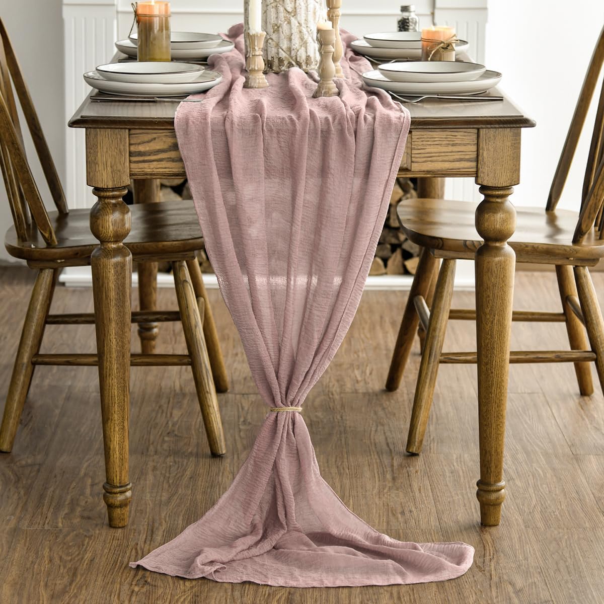 Artoid Mode - Chemin de table bohème - 300 cm - gaze mousseline, rose dusty