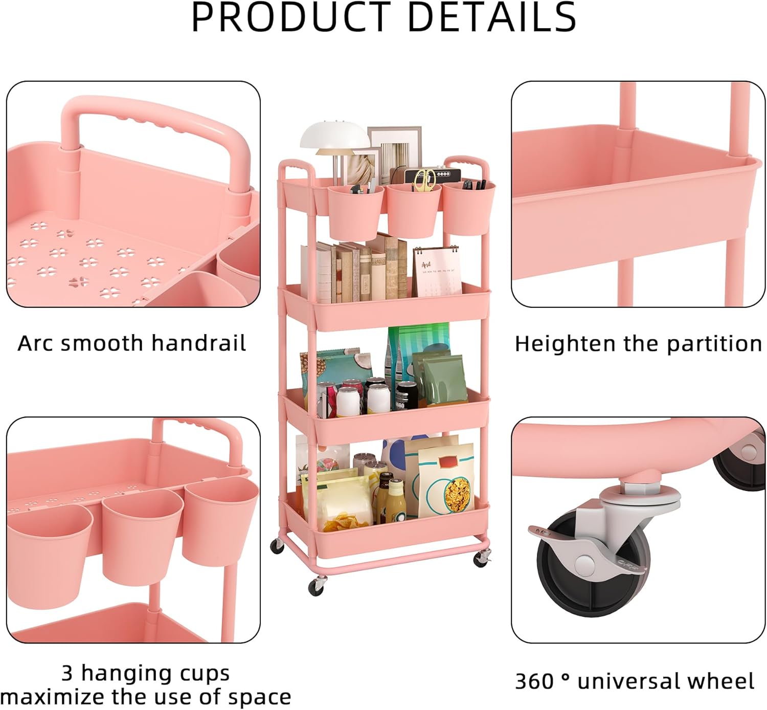 JIUYOTREE - chariot de rangement 4 niveaux, poignées, roulettes, gobelets, rose - JIUYOTREE