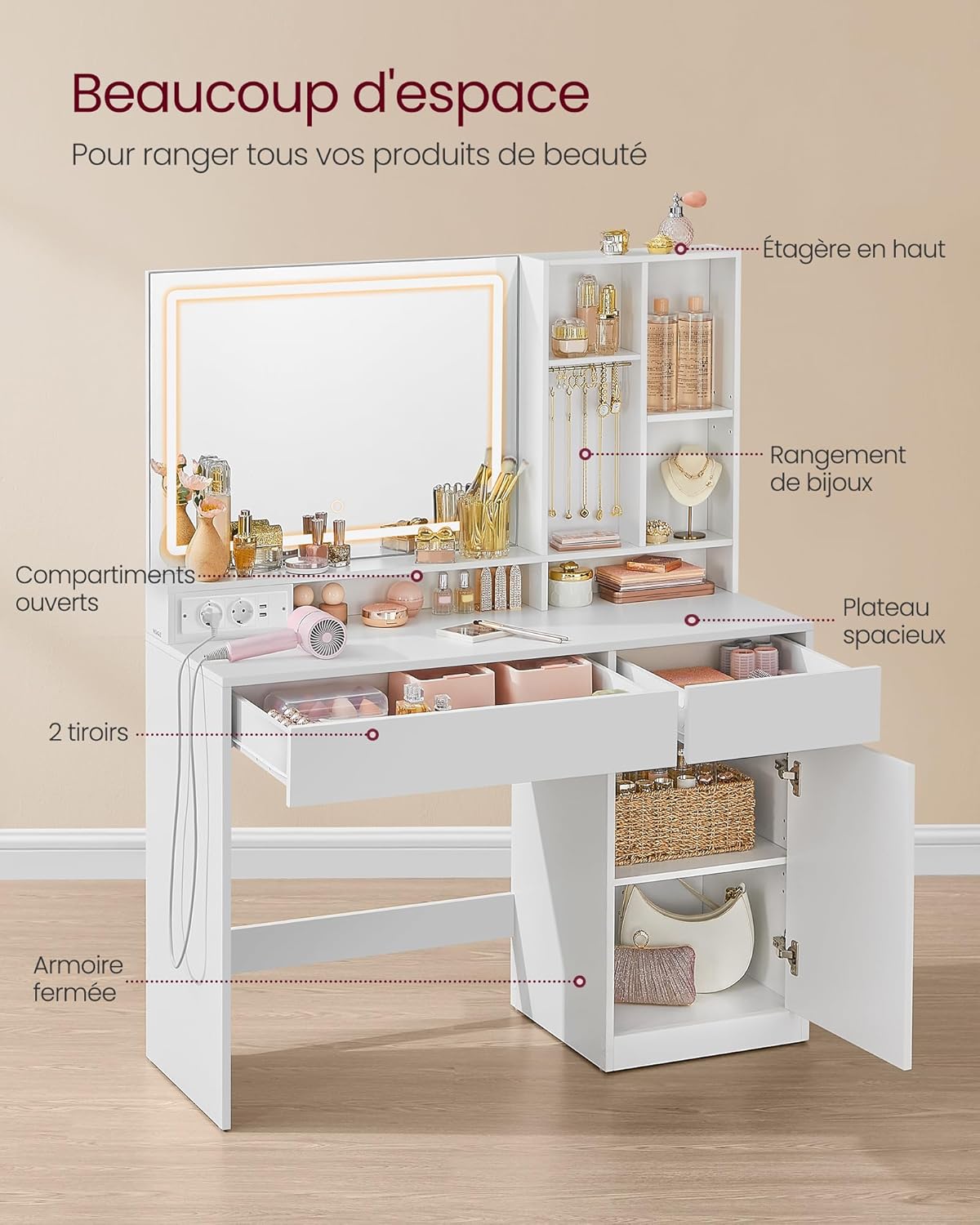 VASAGLE - KAILYN - 110 cm - Coiffeuse LED, 3 éclairages, tiroir, multiprise, RDT634WB01