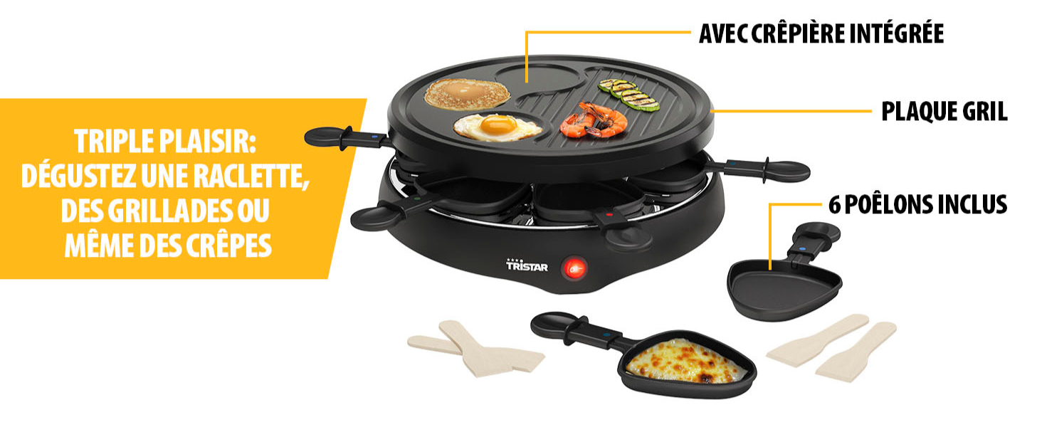 Le texte se lit comme suit : « AVEC CRÉPIÈRE INTÉGRÉE », « TRIPLE PLAISIR », « PLACHA GRILL », « DES GRILLADES OU MÊME DES CRÊPES ». Plusieurs vues d'un gril/plaque chauffante électrique noir avec surfaces de cuisson amovibles.