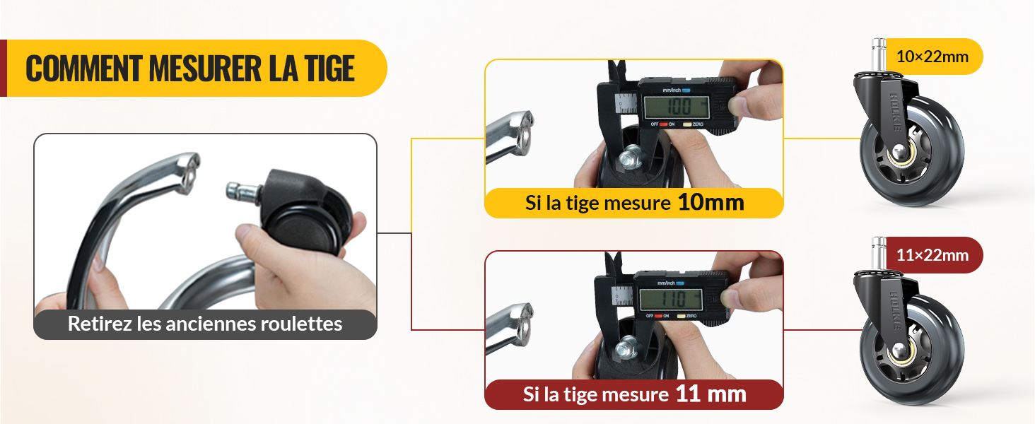 montrant comment mesurer la taille de la tige d'une roulette. Les étapes consistent notamment à retirer les anciennes roulettes, à utiliser des étriers numériques pour mesurer le diamètre de la tige et à les adapter à des roues de rechange de 10 mm ou 11
