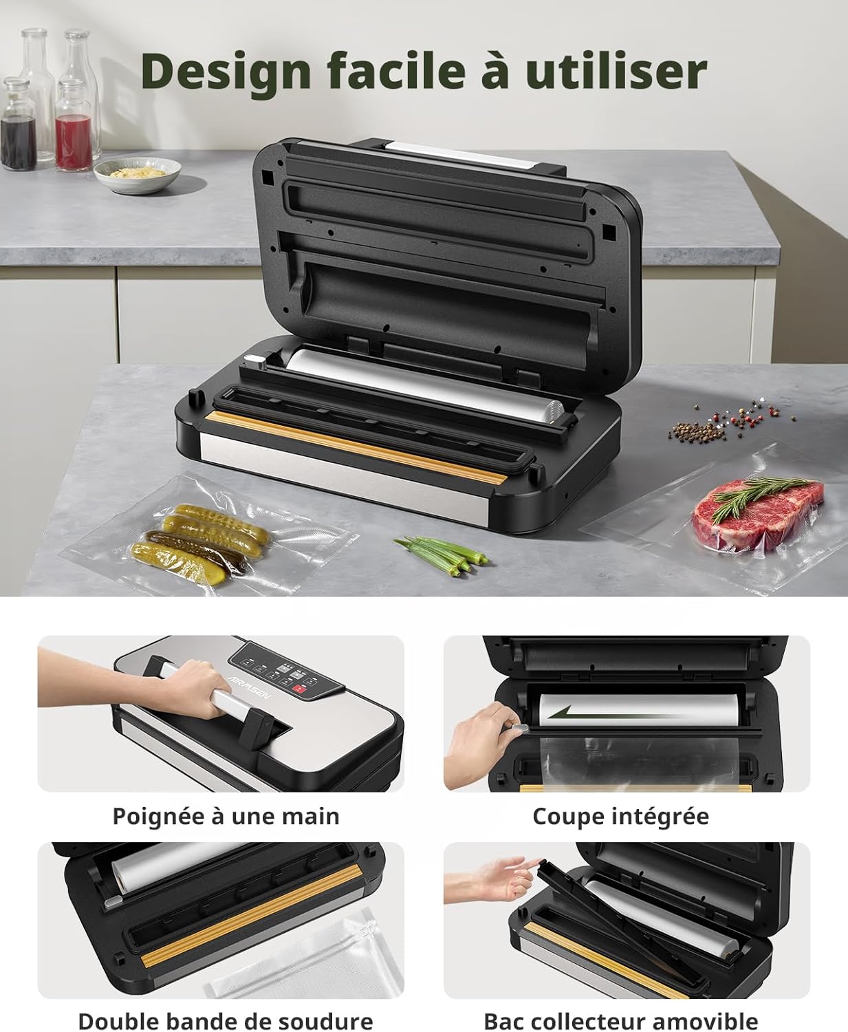 AIRMSEN - machine sous vide double scellage 30 cm, modes sec/humide, coupe-sac intégré, 95kPa