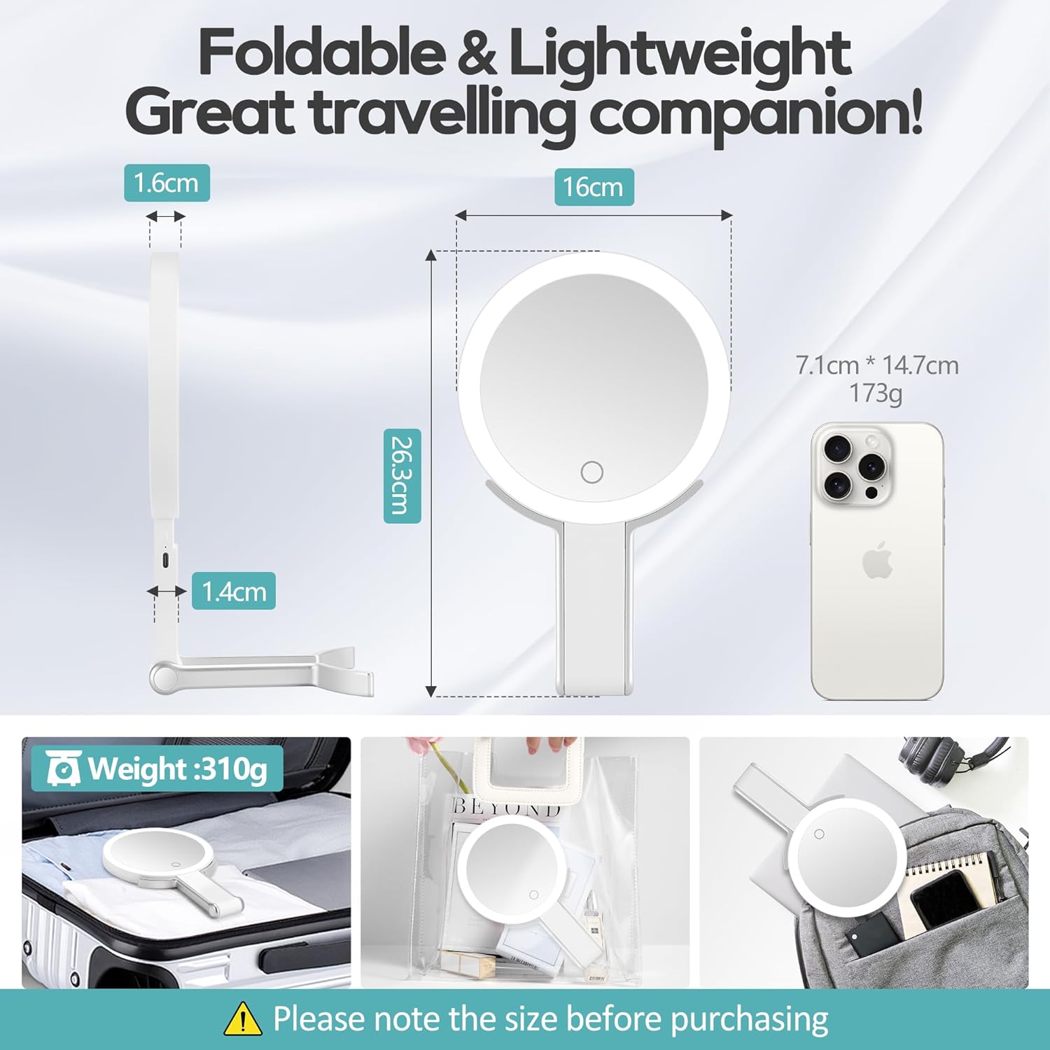 B Beauty Planet - miroir double face - compact, pliable, lumineux, 1X/30X, 2000mAh