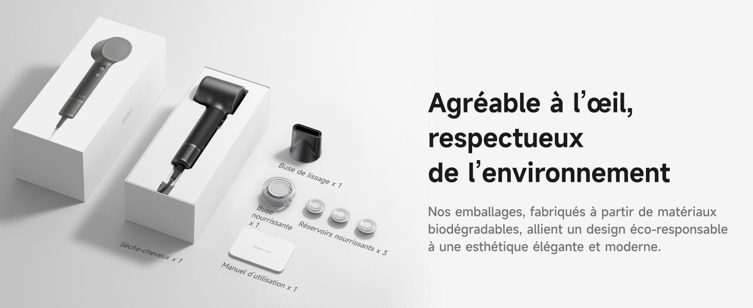 Le texte se lit comme suit : « Agréable à l'œil, respectueux de l'environnement ». Série de photos de produits minimalistes montrant des appareils électroniques blancs élégants sur fond gris.