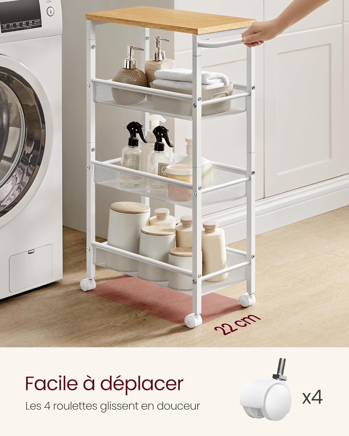 VASAGLE - étagère cuisine 4 niveaux - 22x45,4x77 cm - acier, roulettes, poignée, LRC033W09