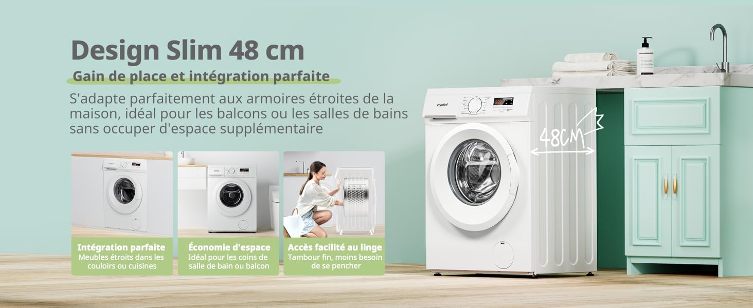 Le texte indique « Design Slim 48 cm ». Collage de produits présentant divers appareils ménagers, notamment des machines à laver et des armoires de cuisine aux couleurs blanc et vert menthe.