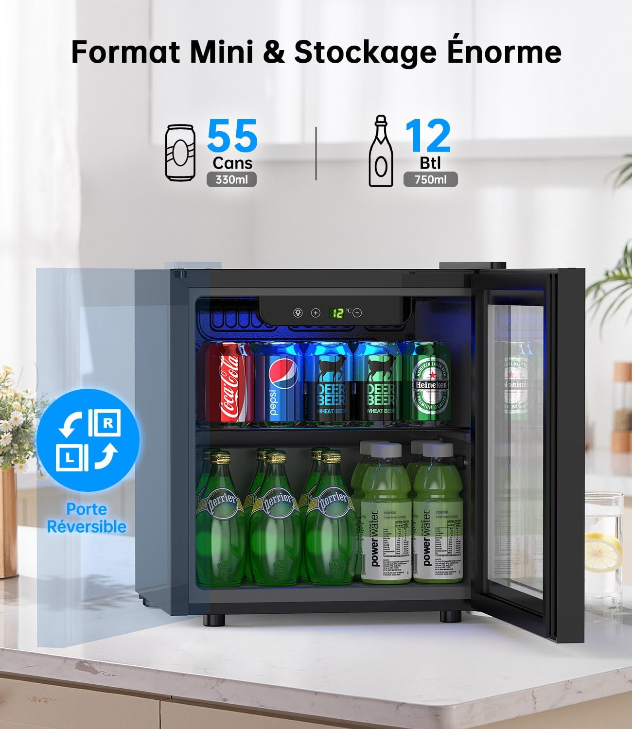 WIE - Mini Réfrigérateur 36L vitré, silencieux, 55 canettes, compact