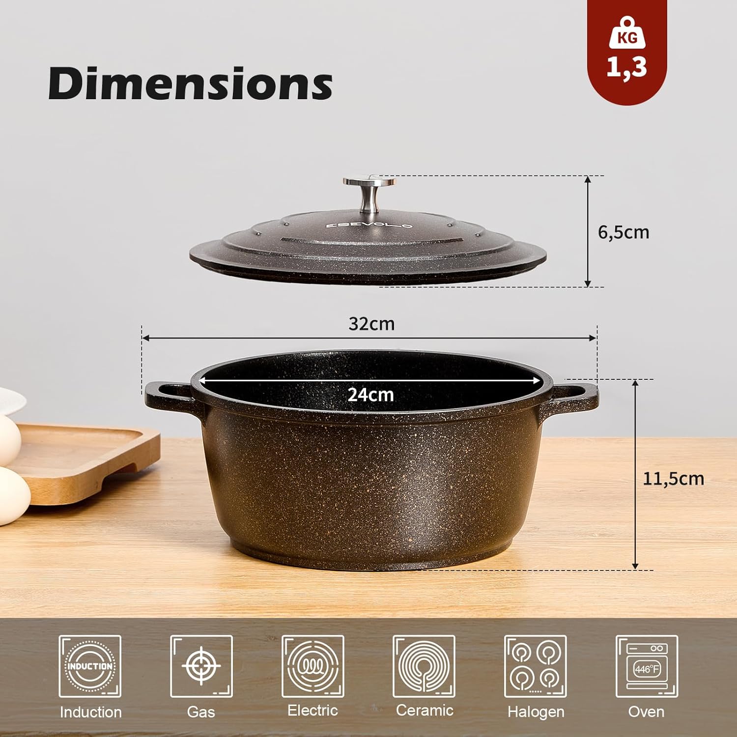 Cocotte fonte ronde 24cm, 4,5L, revêtement antiadhésif, induction