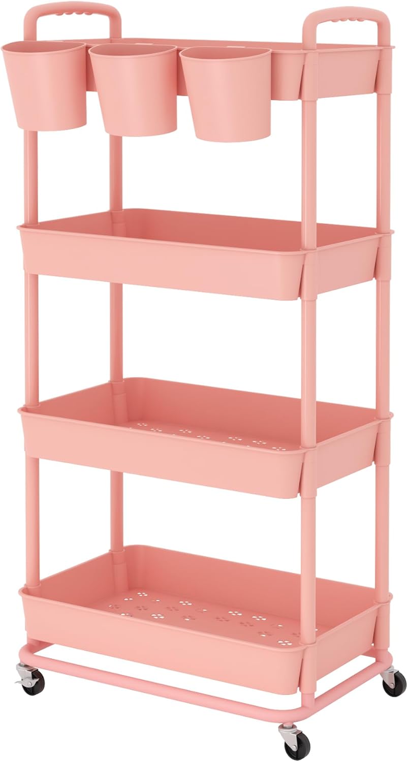 JIUYOTREE - chariot de rangement 4 niveaux, poignées, roulettes, gobelets, rose - JIUYOTREE