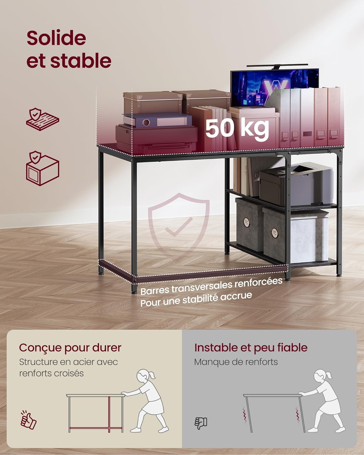 VASAGLE - bureau gaming LWD135BE01 - 110x80cm - étagères réglables, rangement