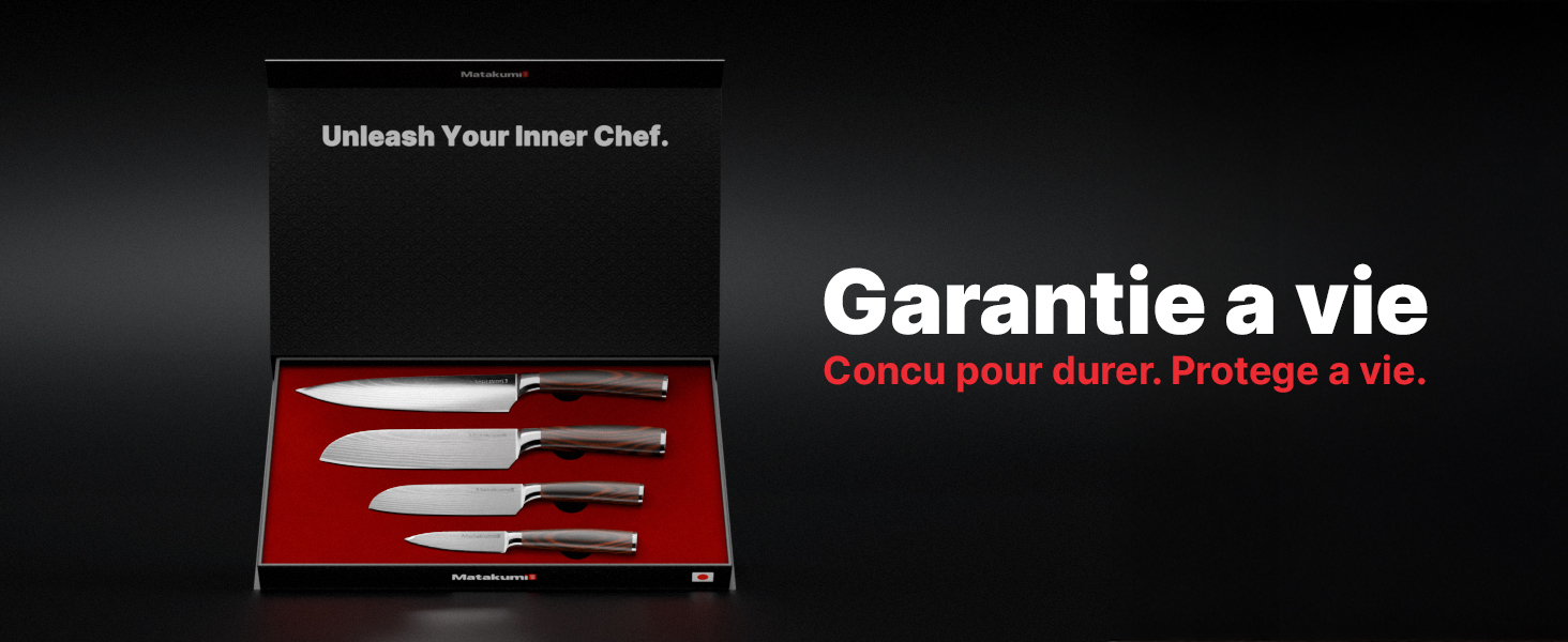 Le texte indique « Garantie à vie » (« Garantie à vie »). Ensemble de couteaux de cuisine professionnels affiché sur fond rouge avec un éclairage et une réflexion spectaculaires.