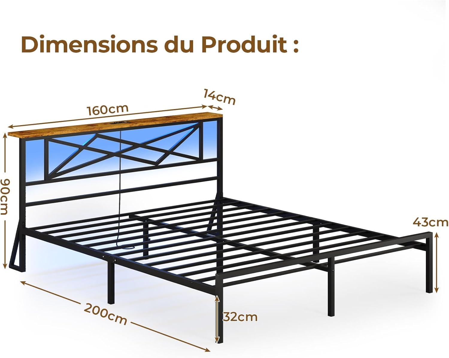 DICTAC – Lit double LED 160x200, métal, ports USB, rangement, LitLED160x200