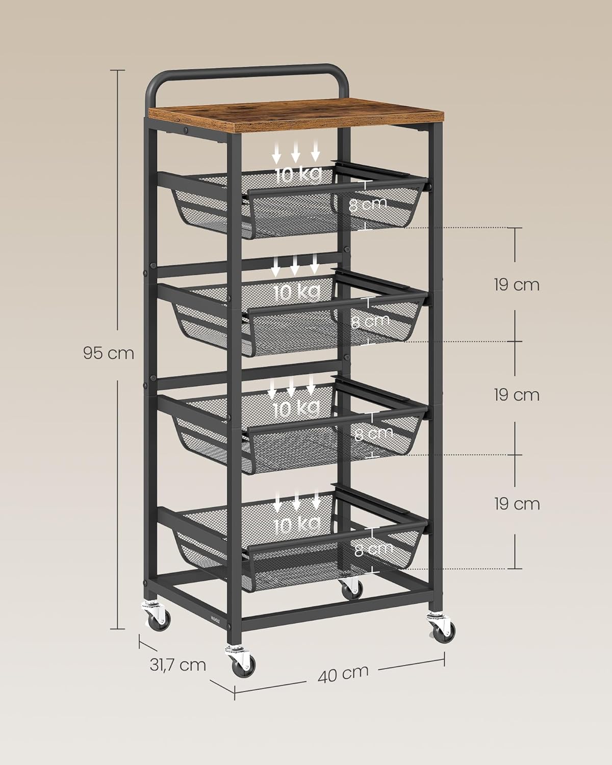 VASAGLE - chariot 5 niveaux, paniers extractibles, 31,7x40x95 cm, roulettes, poignée, LRC041K01