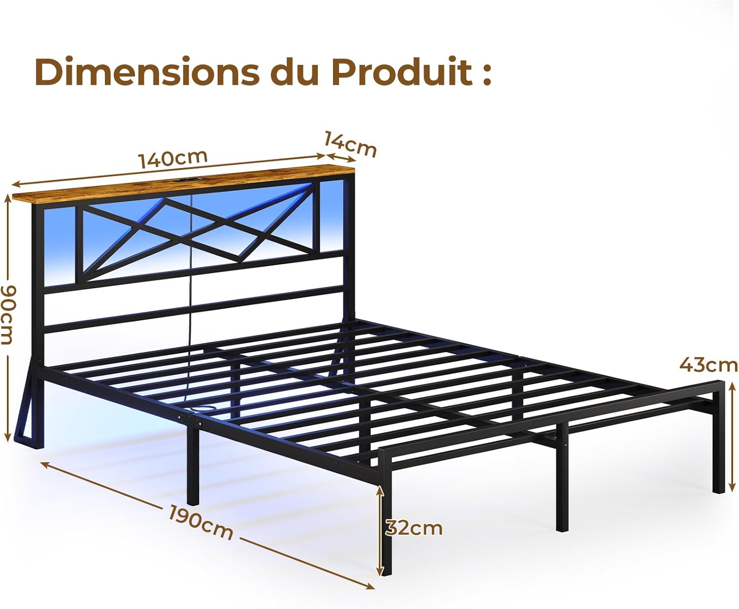 DICTAC - lit double métal LED, 140x190 cm, USB, rangement, vintage