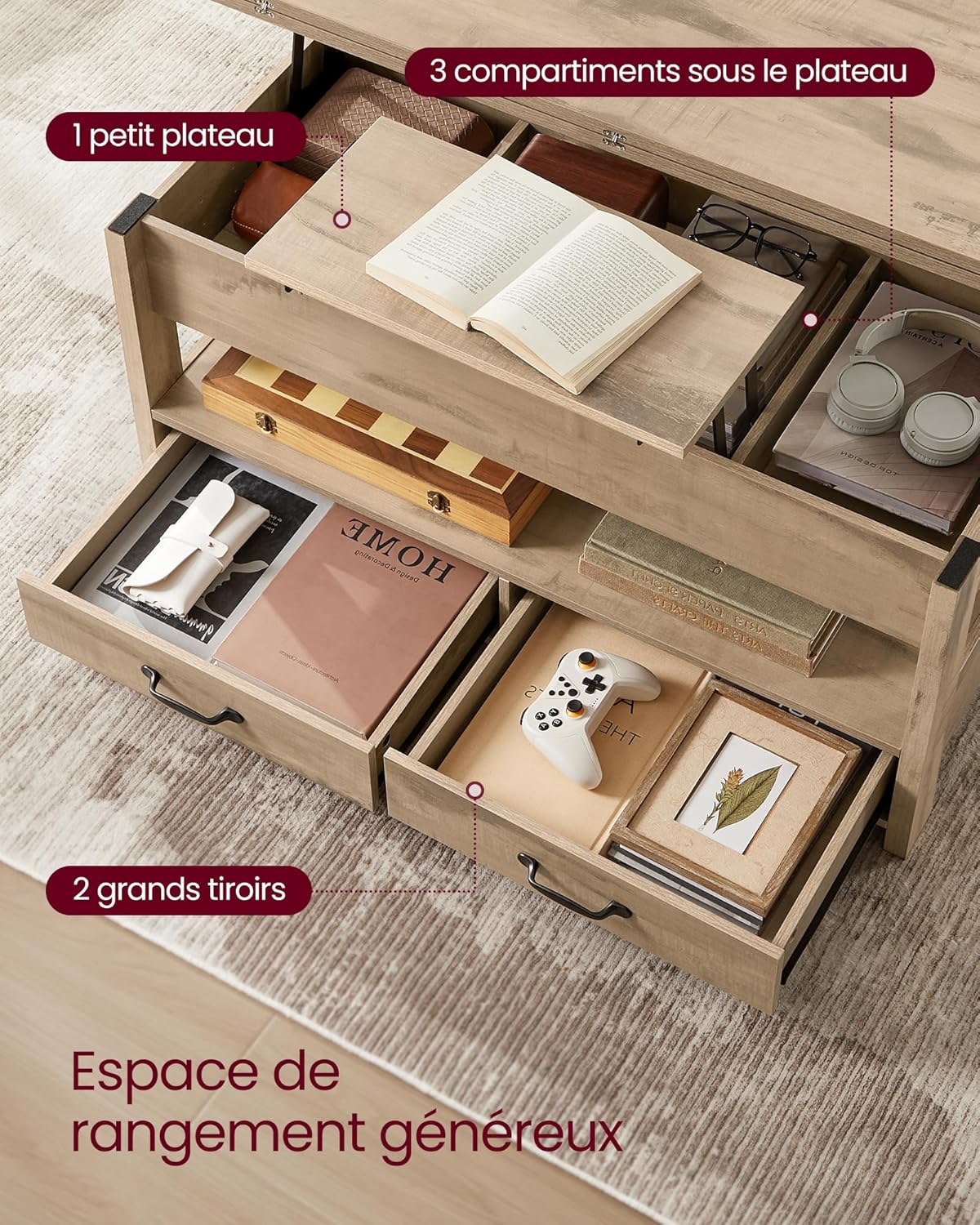 VASAGLE - table basse relevable série LCT - tiroirs, gaz, marron camel - LCT254L01