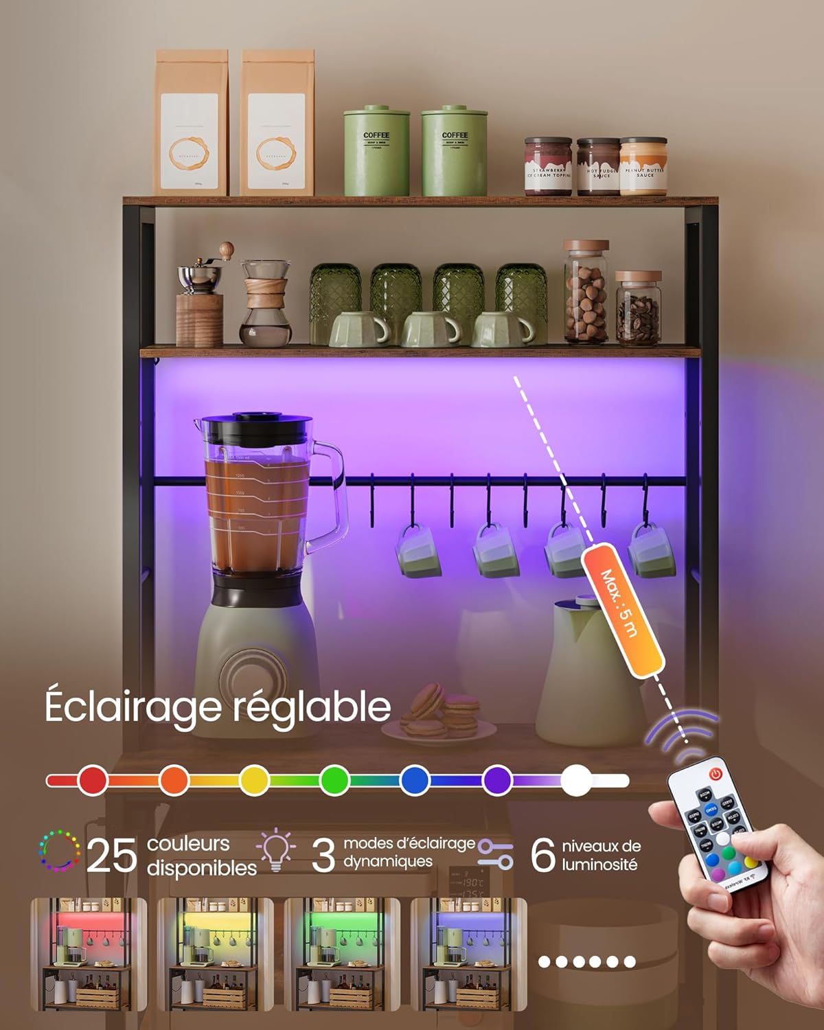 VASAGLE - étagère cuisine LED, multiprise, 8 crochets, étagères réglables, 40x80x168,4 cm - KKS050KD01