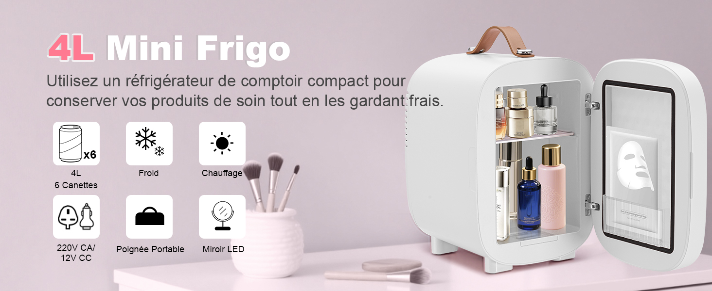 Le texte indique « 4L Mini Frigo ». Vitrine de produits d'un petit mini-réfrigérateur rose avec plusieurs vues montrant des étagères intérieures, des rangements dans les portes et un design compact. Dispose d'un affichage de contrôle de la température.