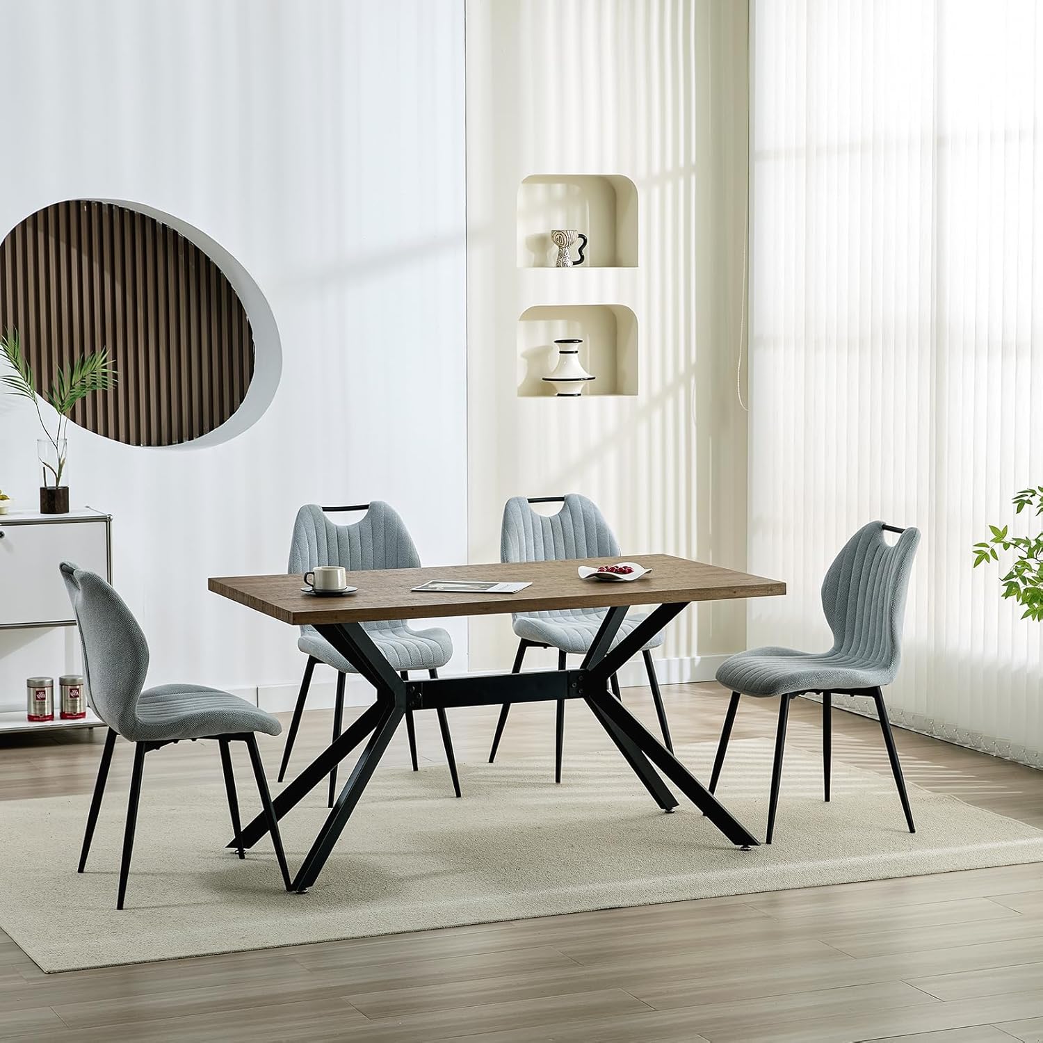 Chaises salle à manger - tissu gris clair, pieds métal, lot de 4