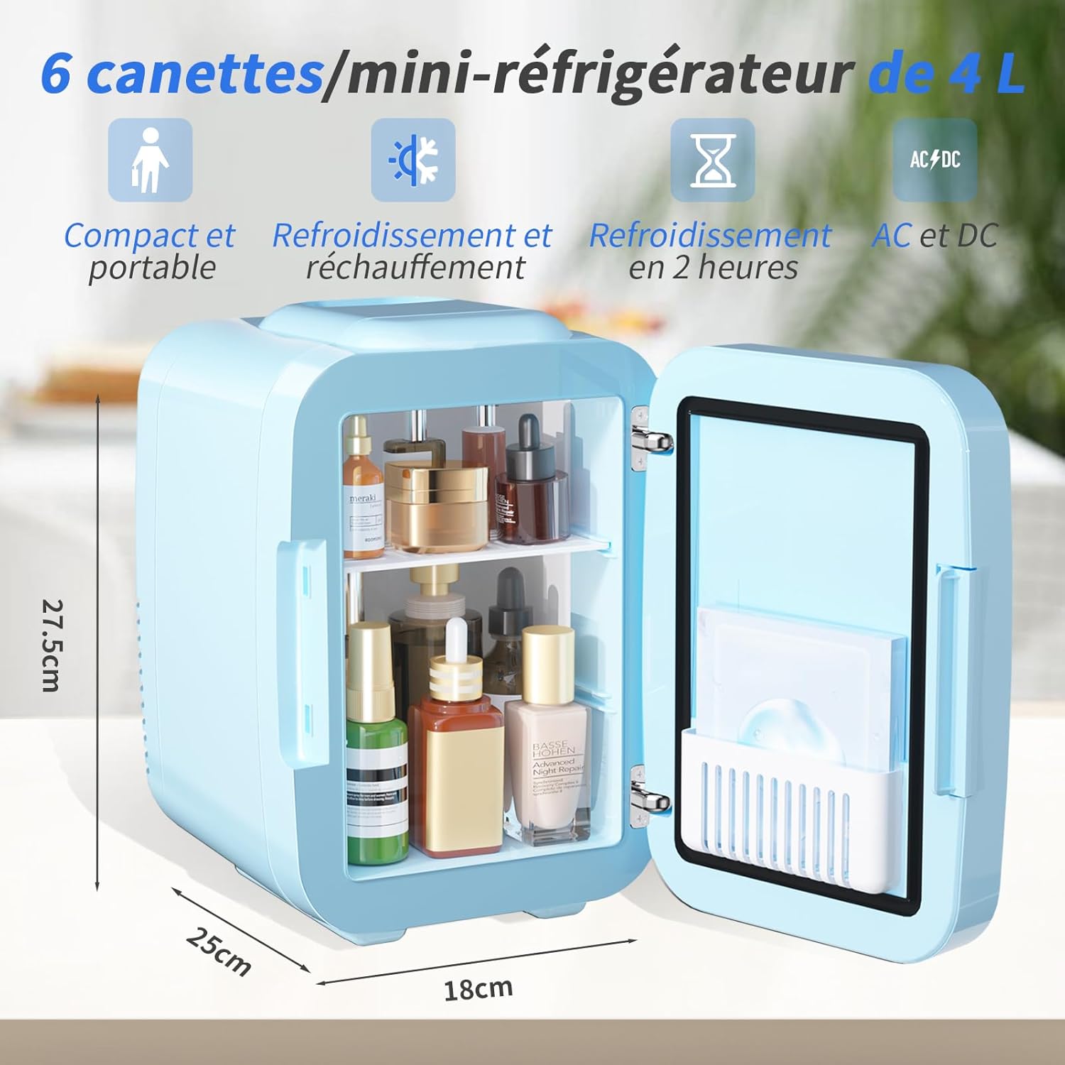 YASHE - Mini Frigo 4L - miroir LED, portable, chauffe et refroidit