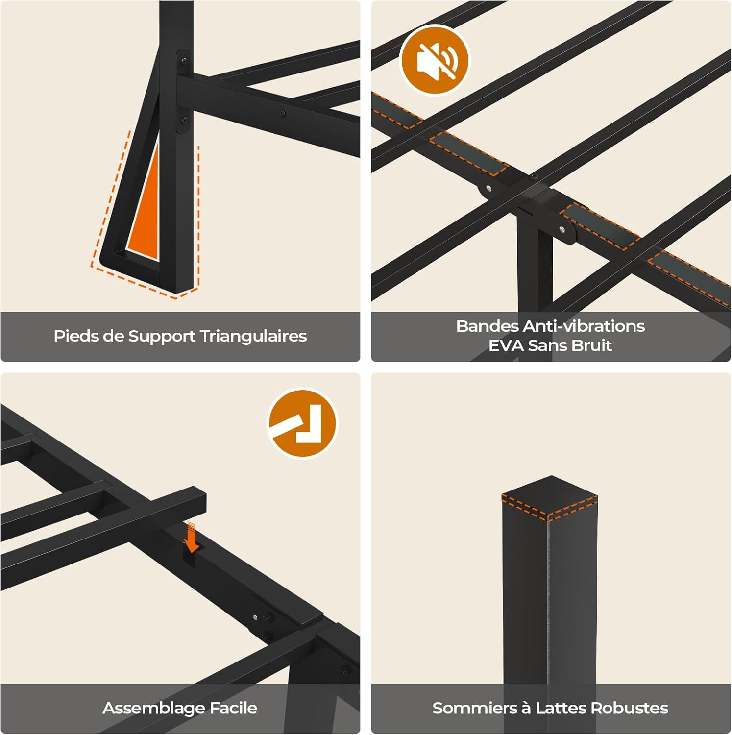 DICTAC - lit double métal LED, 140x190 cm, USB, rangement, vintage