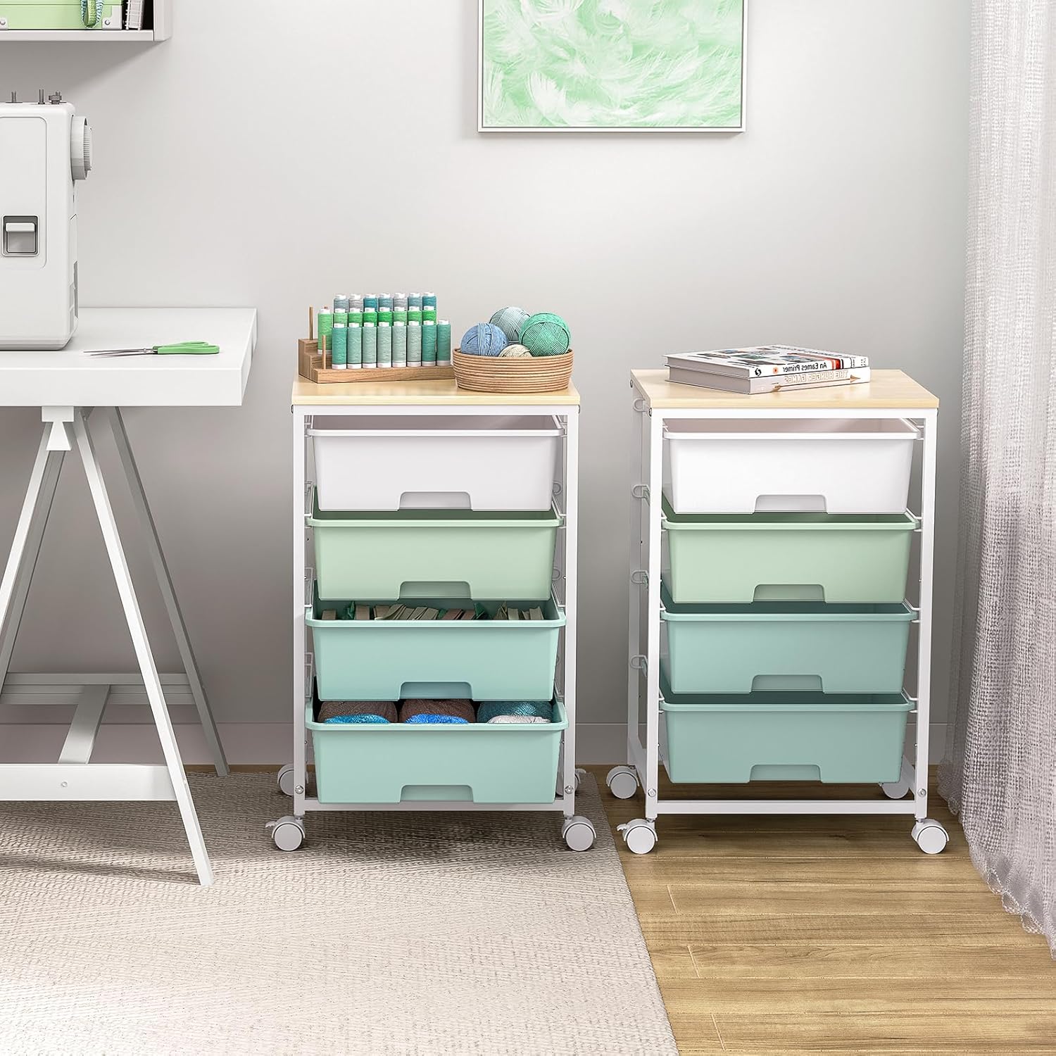 Chariot de Rangement - 4 tiroirs sur roulettes, plateau bois, grande capacité, vert - Idéal cuisine, salon, chambre