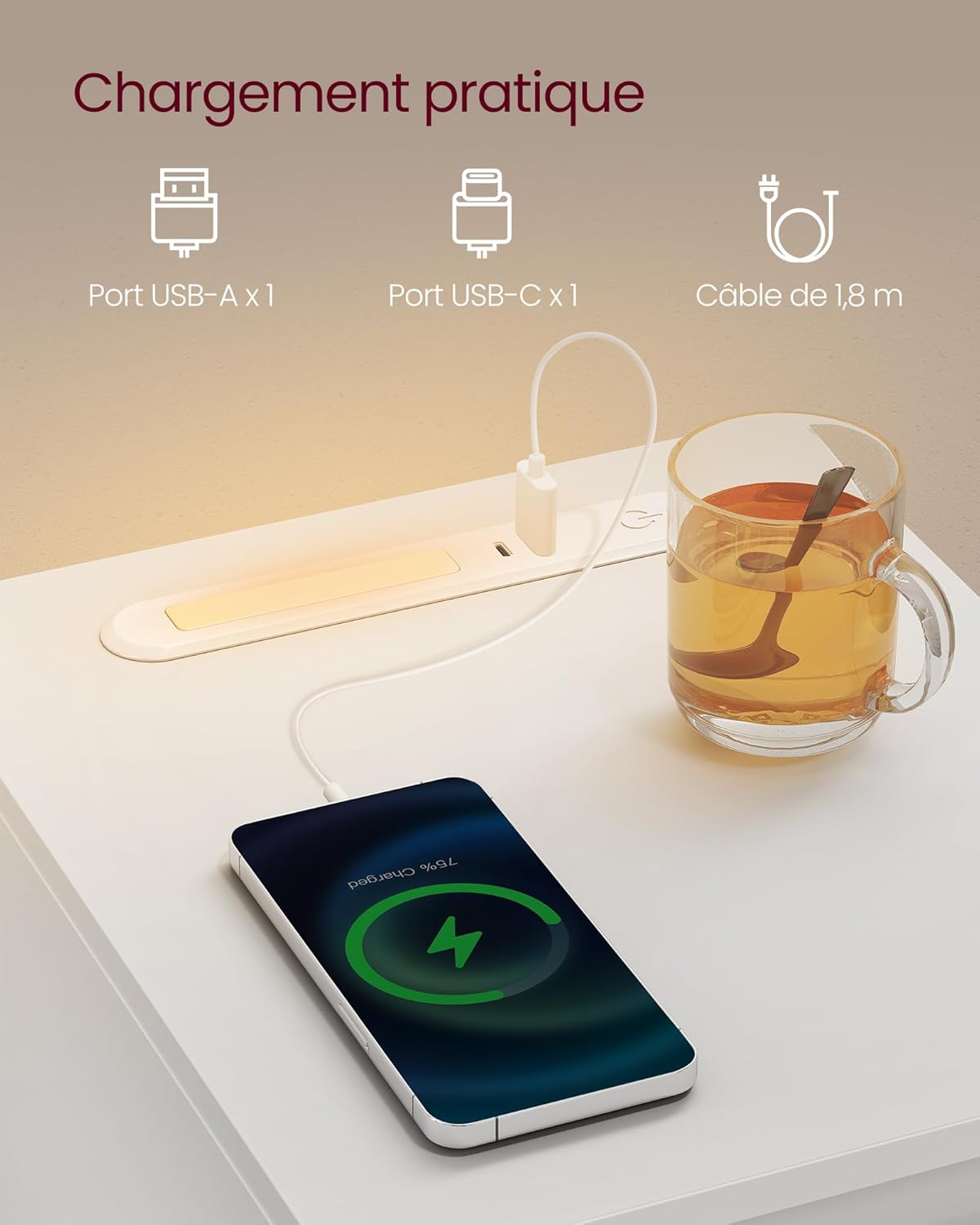 VASAGLE - Table de chevet étroite, LED, USB-A/C, tiroir, blanc, LET610W01