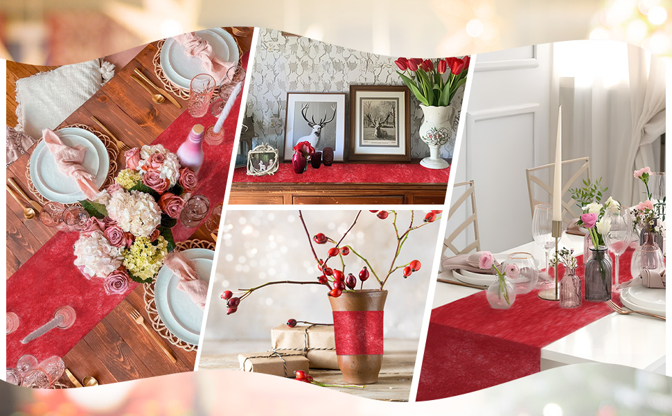 Collage à trois panneaux montrant des couverts de table pour la Saint-Valentin avec des glissières rouges, des fleurs roses, des couverts blancs et des branches de baies décoratives dans des vases rouges