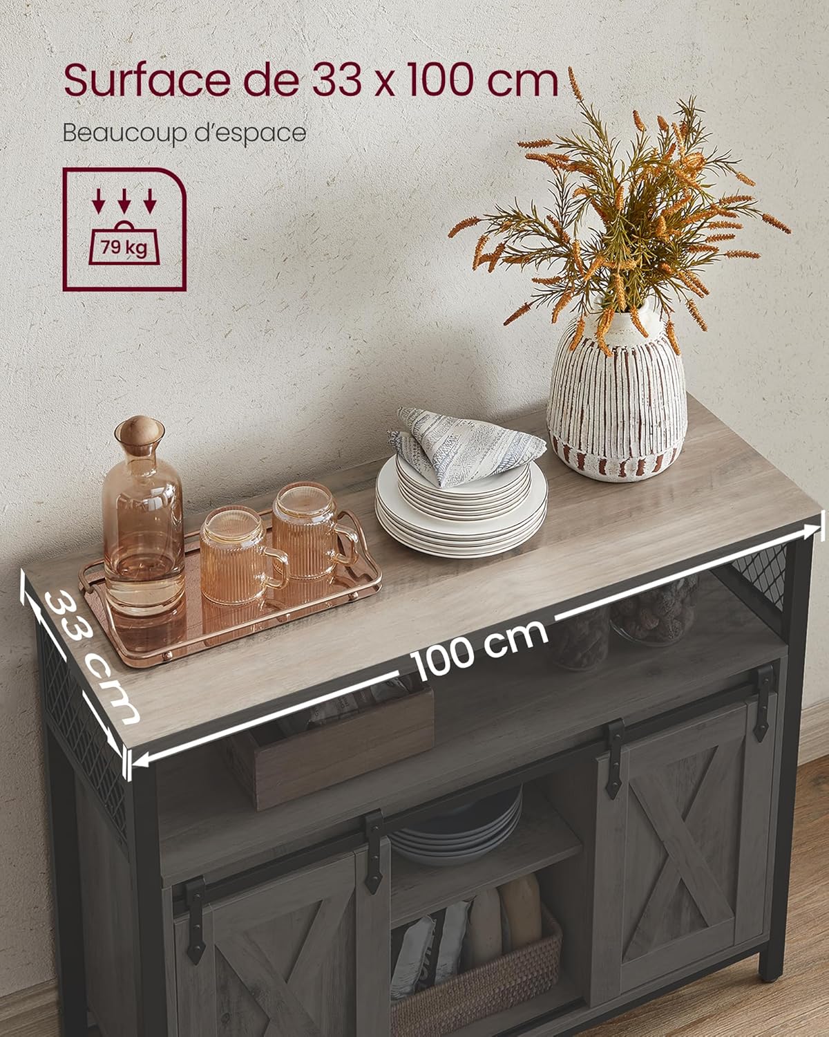 VASAGLE - buffet rangement cuisine - 100x33x80 cm - 2 portes coulissantes, étagères réglables, grège/noir - LSC092B02