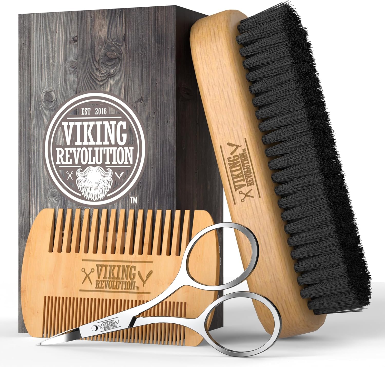 Viking - Brosse à barbe série naturelle - poils sanglier, peigne bois, pochette velours