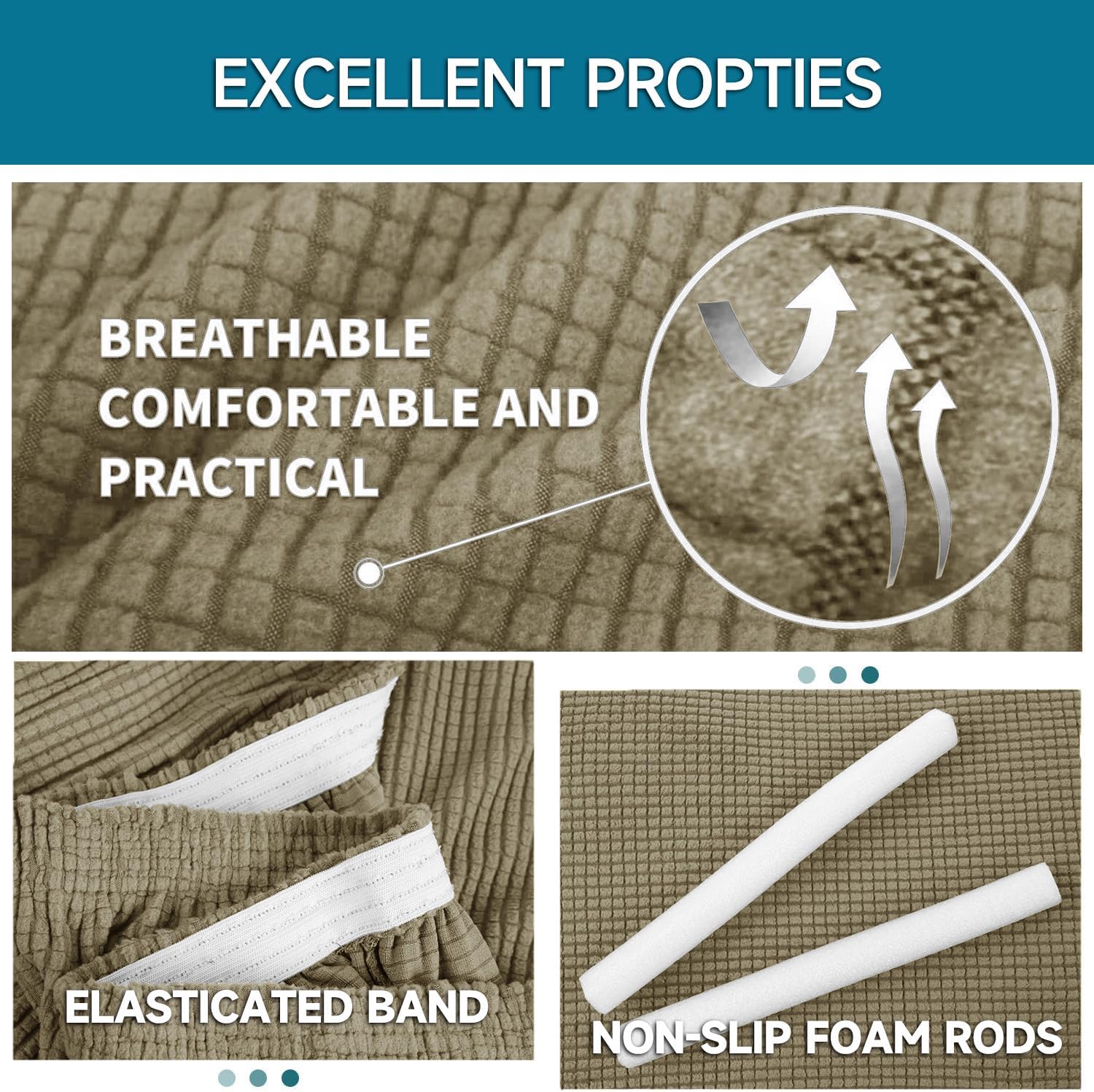 Housse canapé 3 places - extensible, lavable, antidérapante, khaki