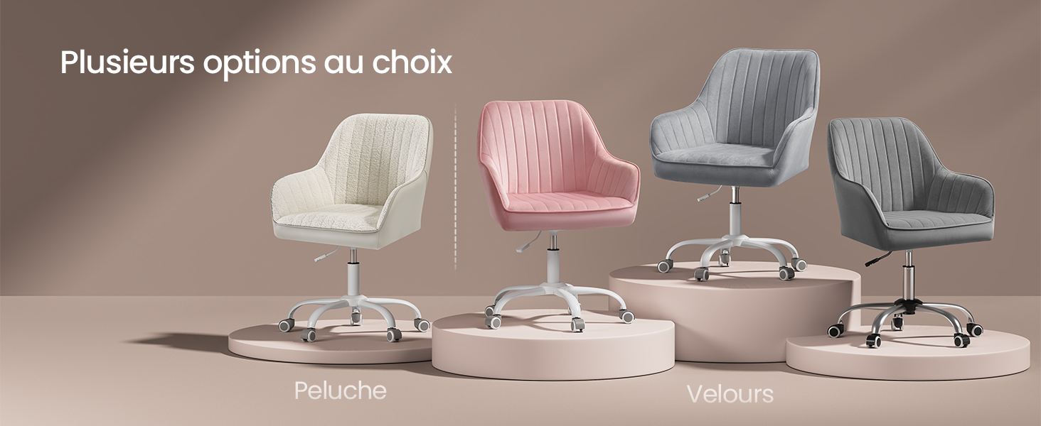 de chaises de bureau modernes avec revêtement matelassé dans les couleurs blanc, rose et gris, toutes avec des bases à roulettes