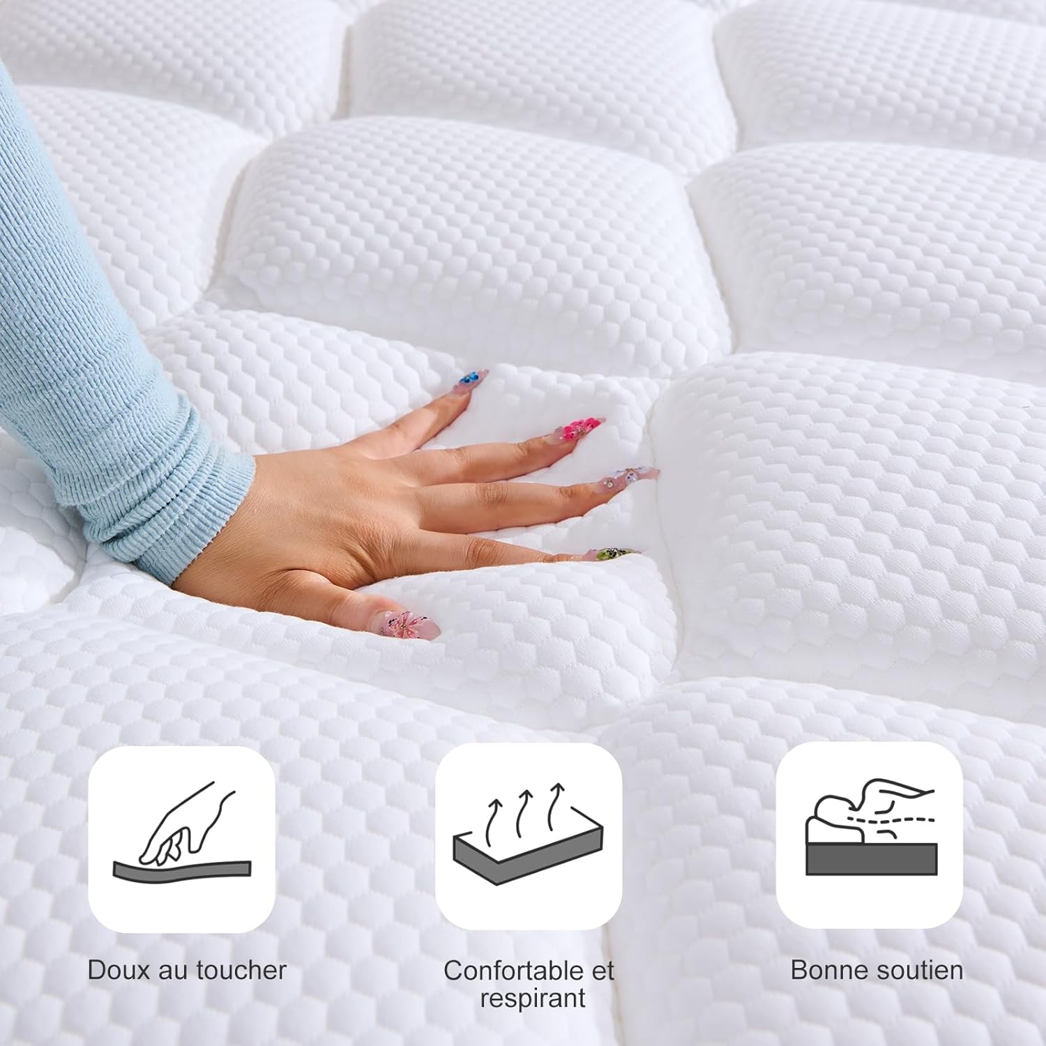 Matelas - hybride mousse mémoire & ressorts - 90x190x25 cm - doux, respirant