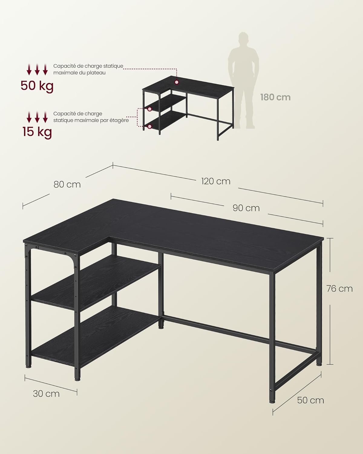 VASAGLE - bureau gaming en L - 120x80 cm - étagères réglables LWD136BE01
