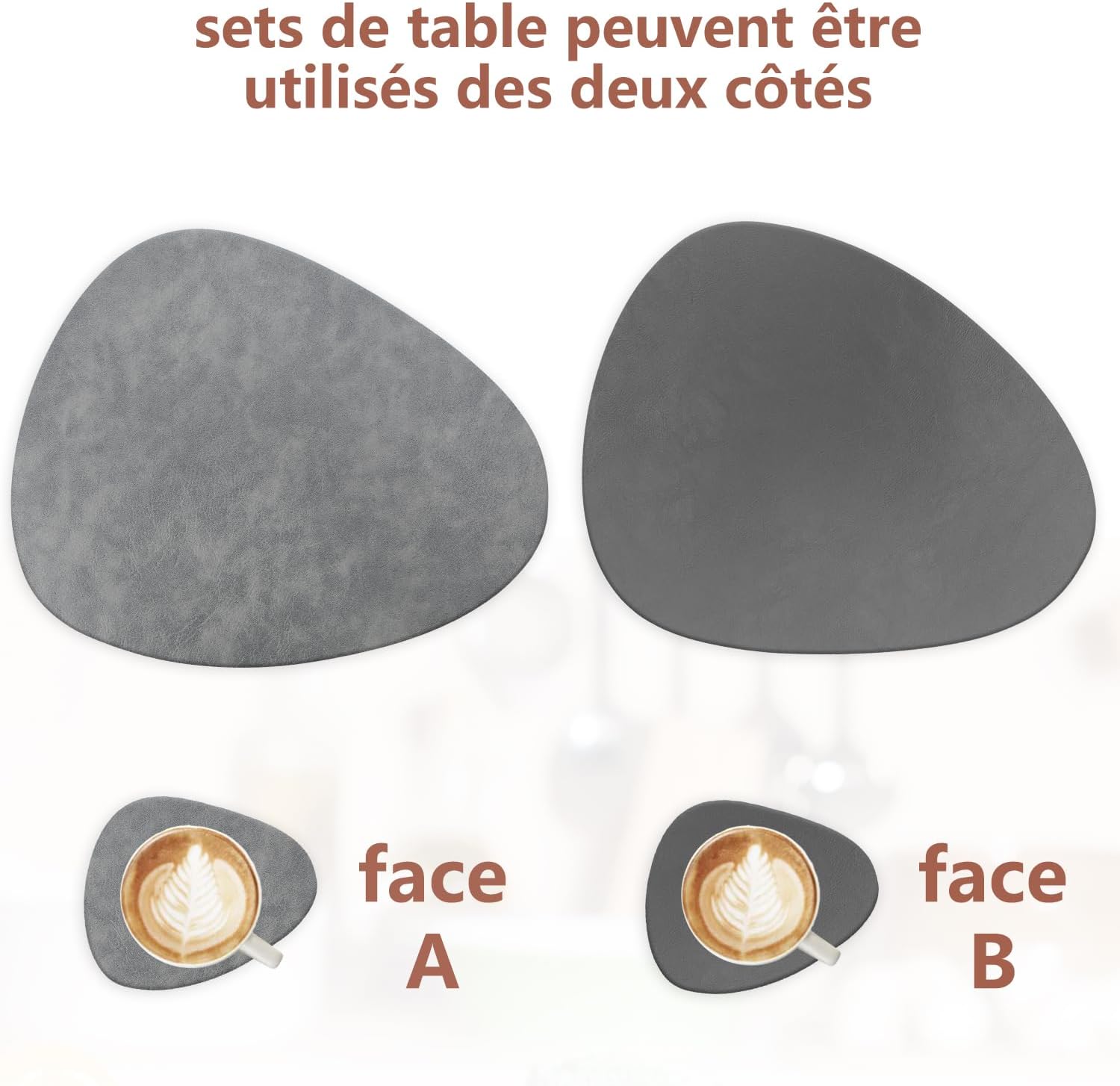 Set de table - lot de 6 ovales 41x33cm, cuir PU, lavable, antidérapant