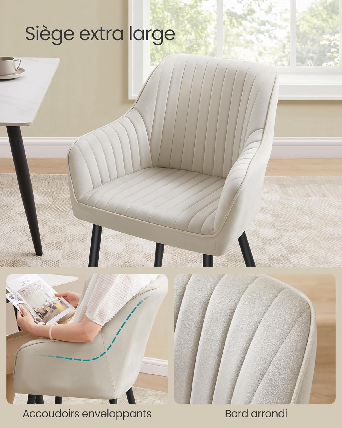 SONGMICS - fauteuil salle à manger velours, accoudoirs, métal, 120kg, LDC087W01