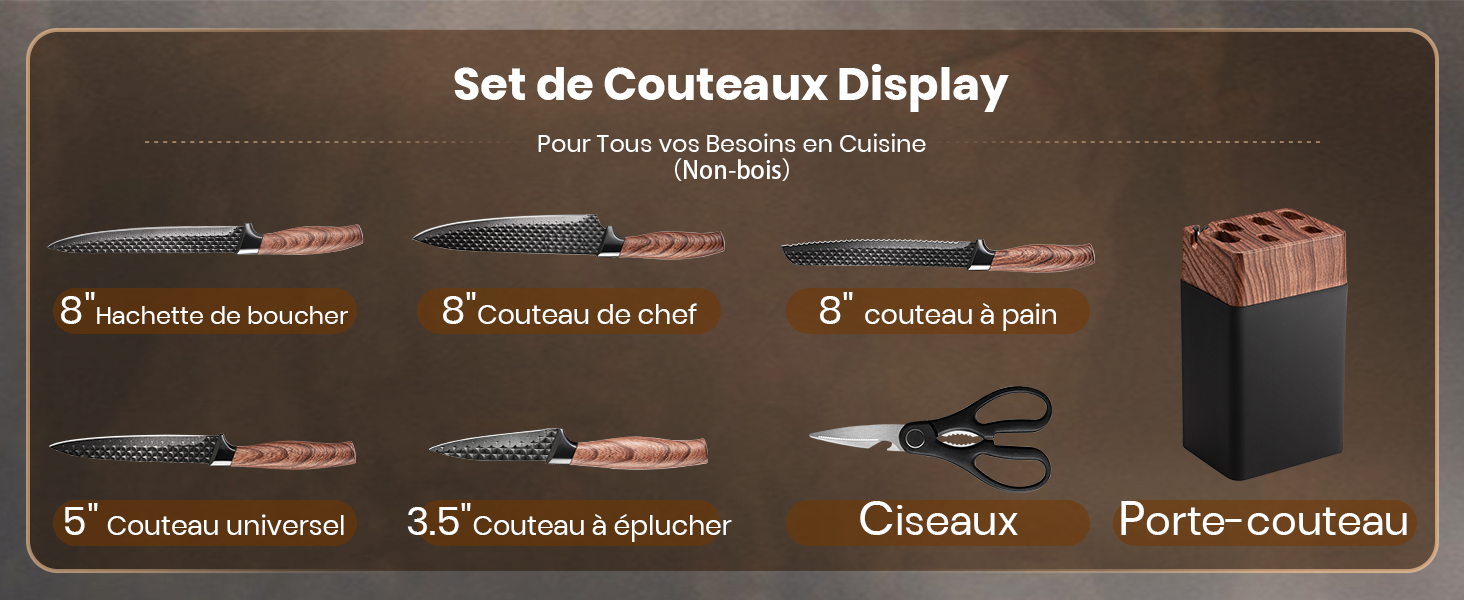 présentant différents types de couteaux : ciseaux de boucher, de chef, à pain, universels, à éplucher et de cuisine. Comprend un bloc-couteaux et les mesures de chaque couteau.