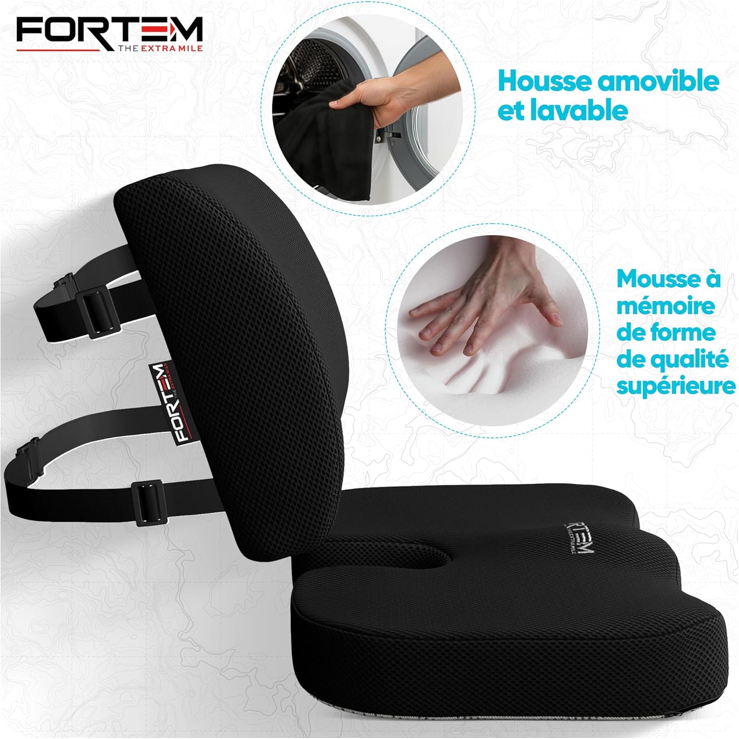 FORTEM - coussin lombaire et assise - mousse mémoire - soutien dos, antidérapant, confort chaise