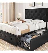 Yaheetech Cadre de Lit avec Tête de Lit Capitonnée Réglable en Hauteur 140x200cm Lits Coffres ave...