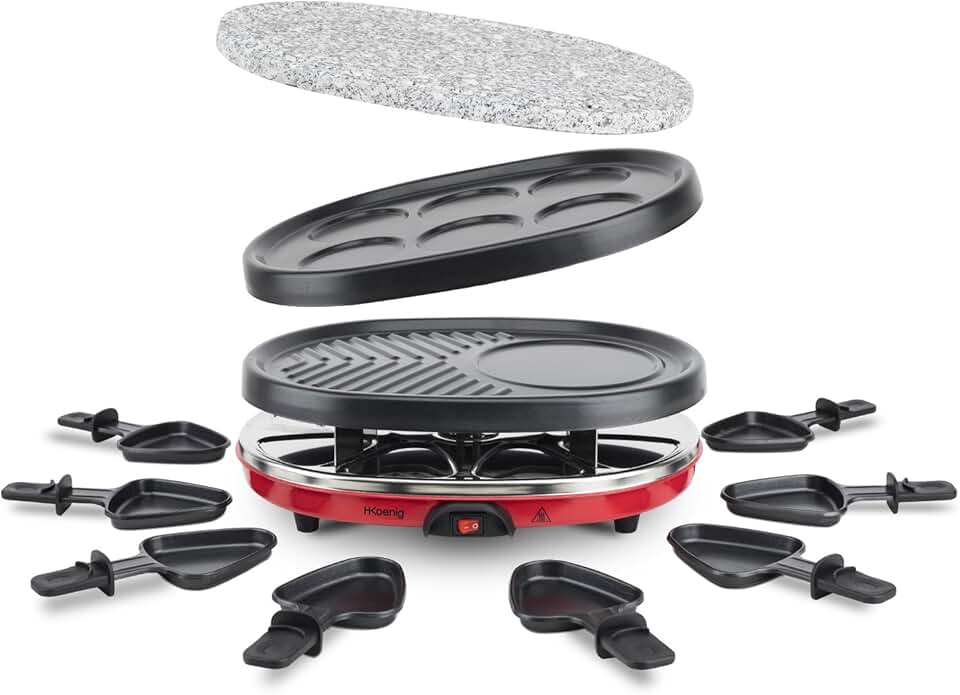 H.Koenig - Raclette multifonction 8p - pierre naturelle - grill, mini crêpes, 8 poêlons antiadhésifs - RP412