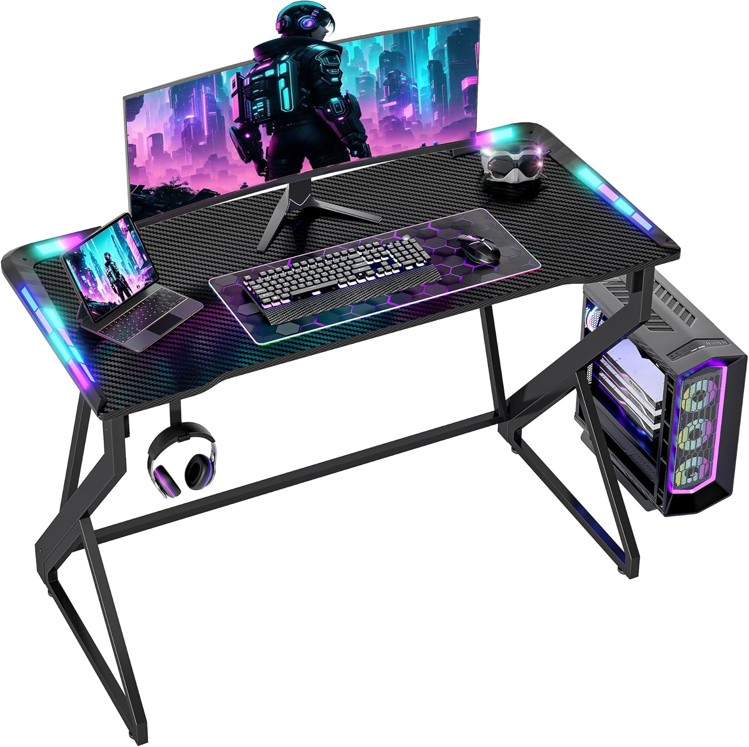 BEXEVUE - Armor - 100x50 cm - Bureau gaming RGB carbone, cadre Z, crochet casque