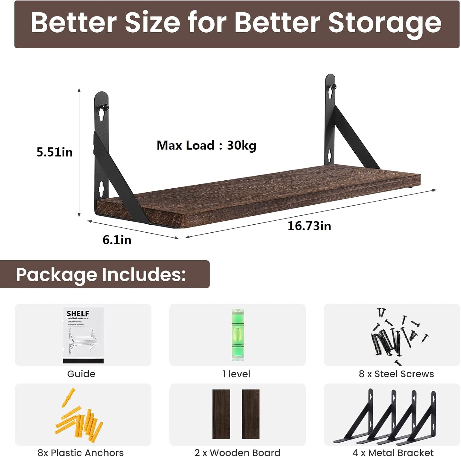 AGM - étagère murale rustique 42cm - bois, métal, charge 30kg