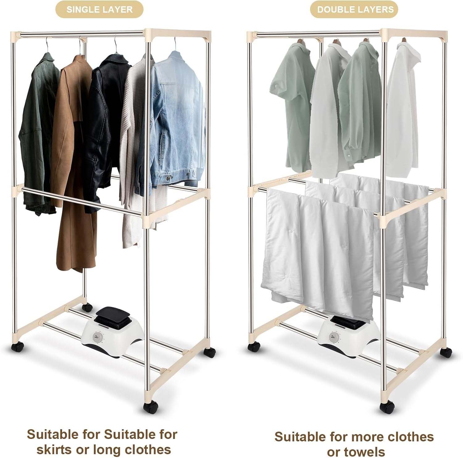 Sèche-linge portable double couche, 1500W, minuterie réglable, armoire