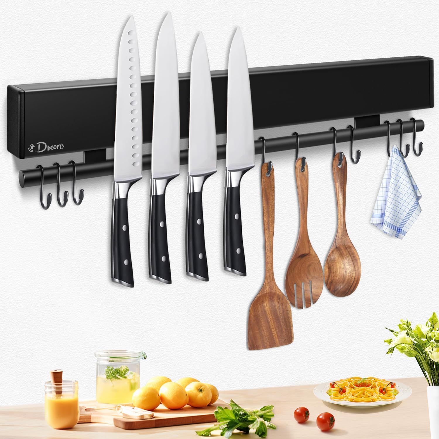 Dmore - Barre magnétique noire 43 cm, 10 crochets, adhésif inclus