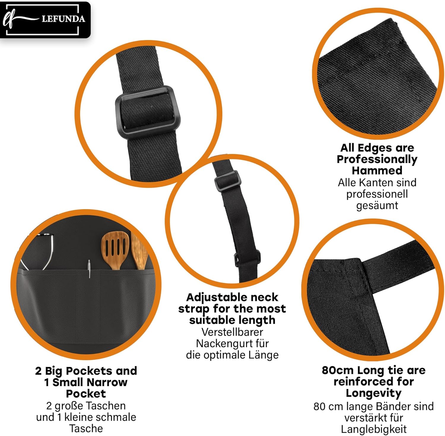 LEFUNDA - Tablier cuisine réglable, 3 poches, étanche, longues lanières