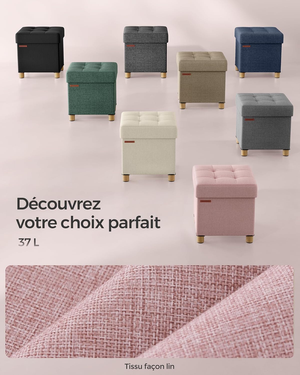 SONGMICS - tabouret pliable 38x38x40 cm, repose-pieds, 300 kg, rangement, Rose Bonbon LSF014P11